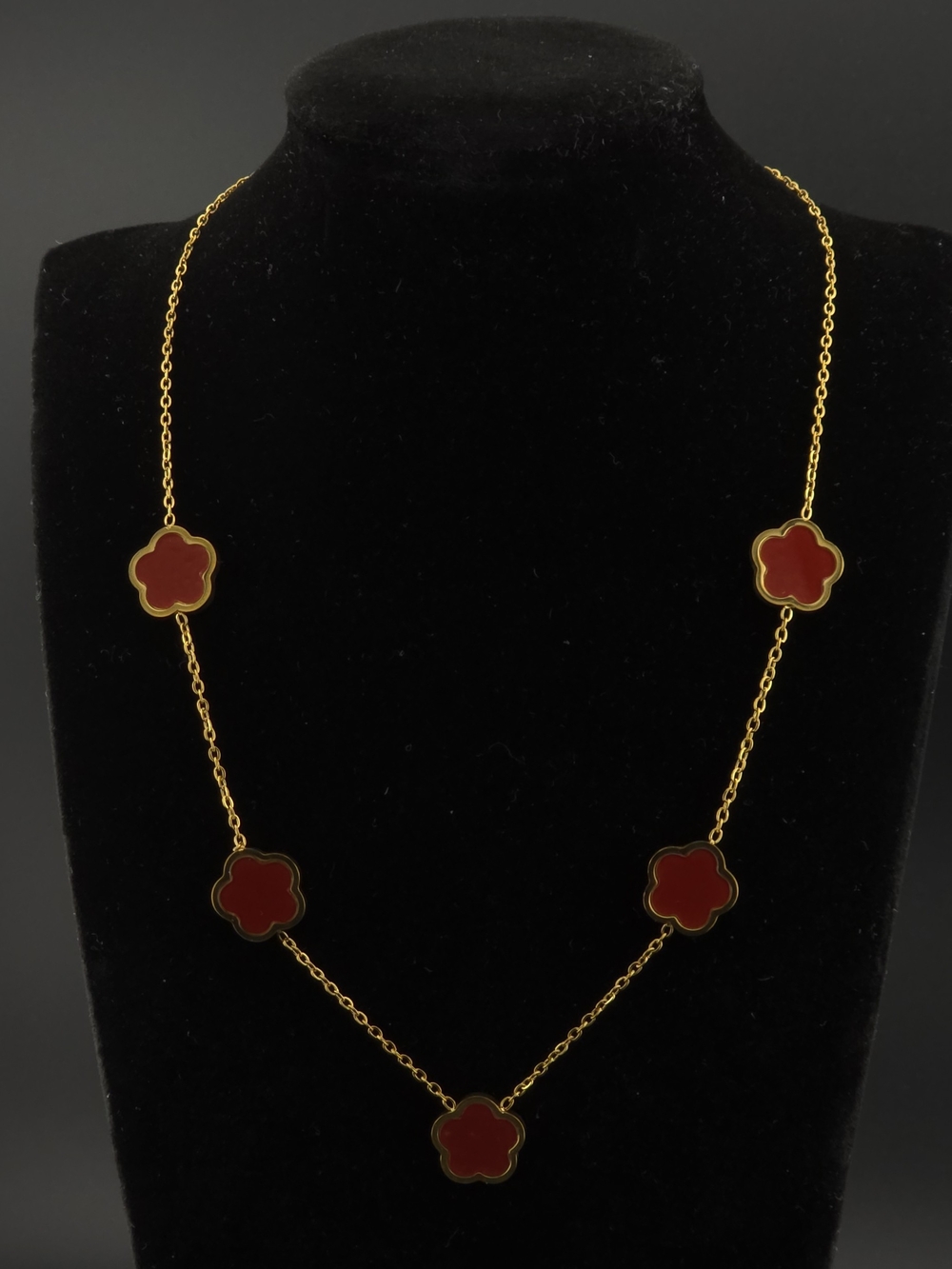 Gold Chain Necklace with Red Clover Motifs